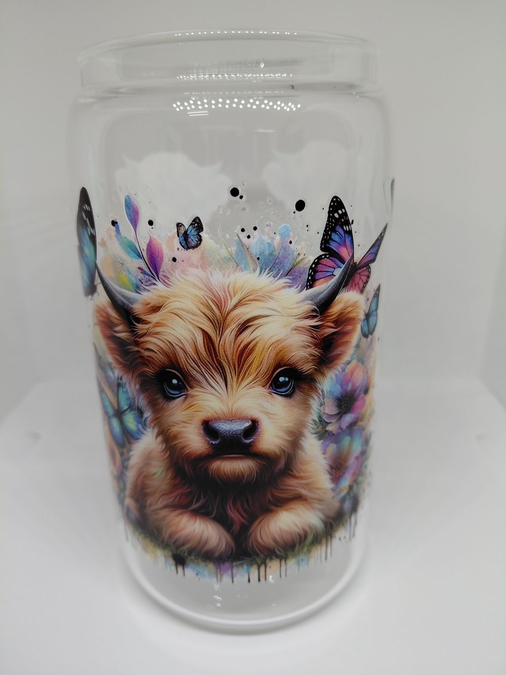 Glass Can Tumbler 16oz UVDTF Highland Cows Butterflies Straw Acrylic Lid